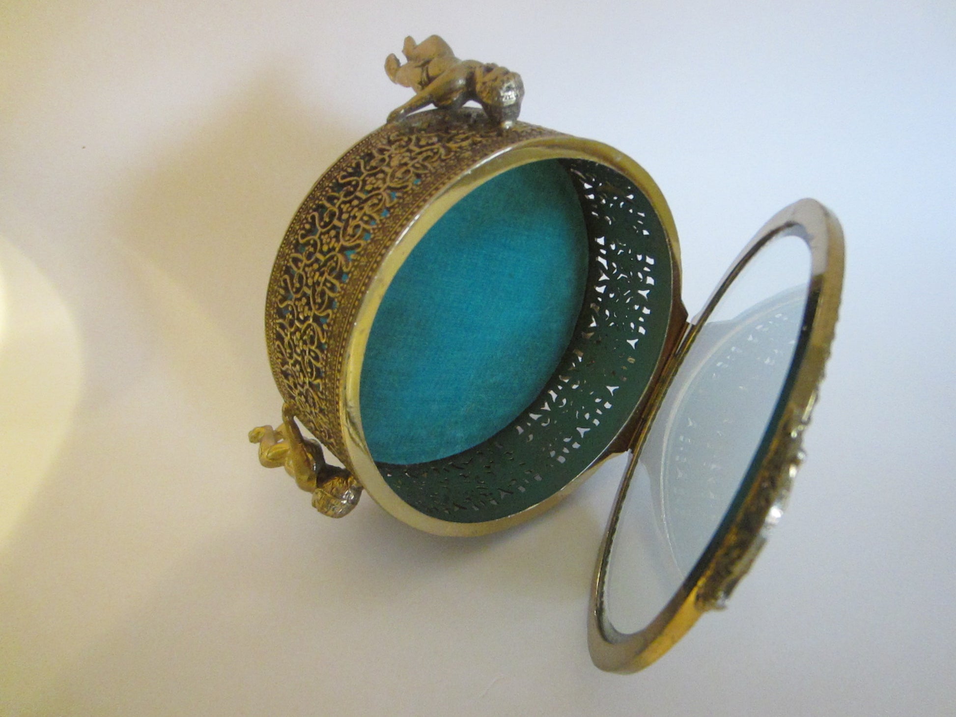 Brass Jewelry Box Lined Blue Velvet Beveled Glass On Puttis - Designer Unique Finds 