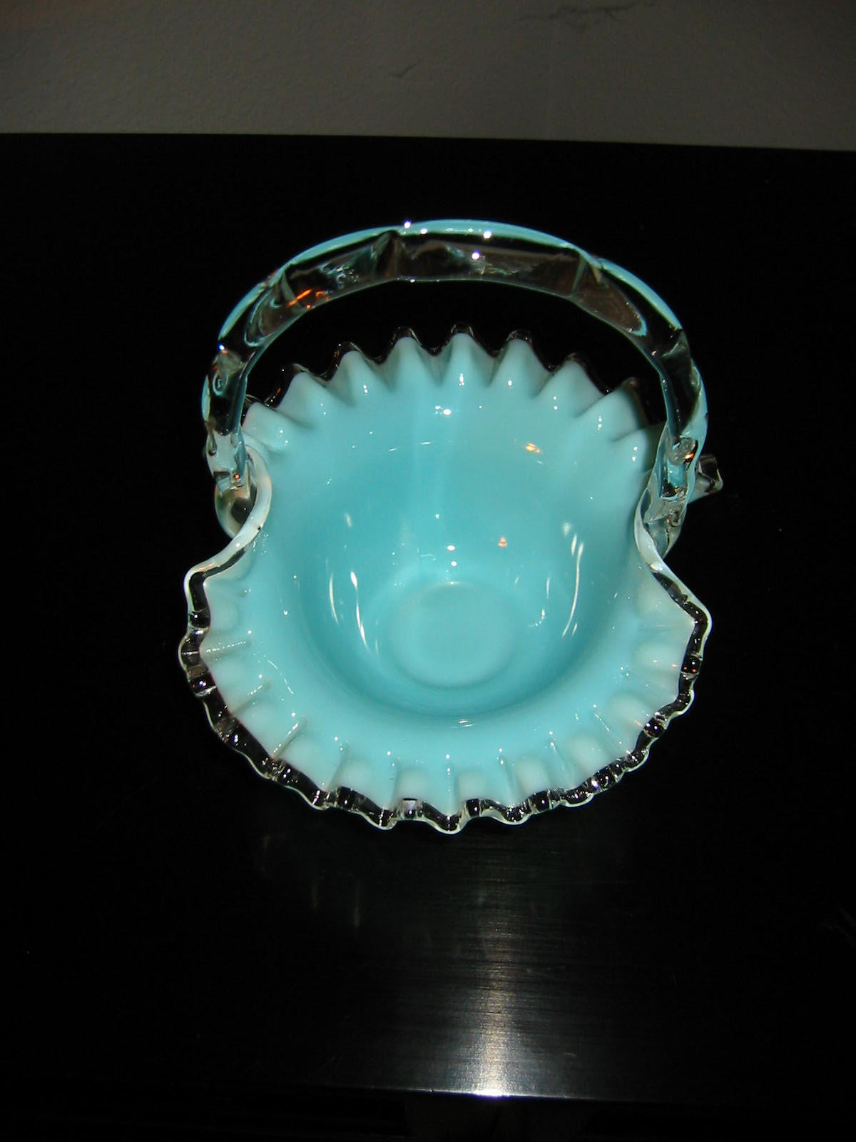 Fenton Glass Turquoise Blue Basket Silver Sheen Ruffled Edge Decorated Clear Handle - Designer Unique Finds 