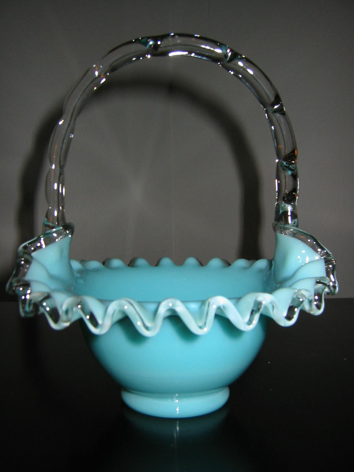 Fenton Glass Turquoise Blue Basket Silver Sheen Ruffled Edge Decorated Clear Handle - Designer Unique Finds 