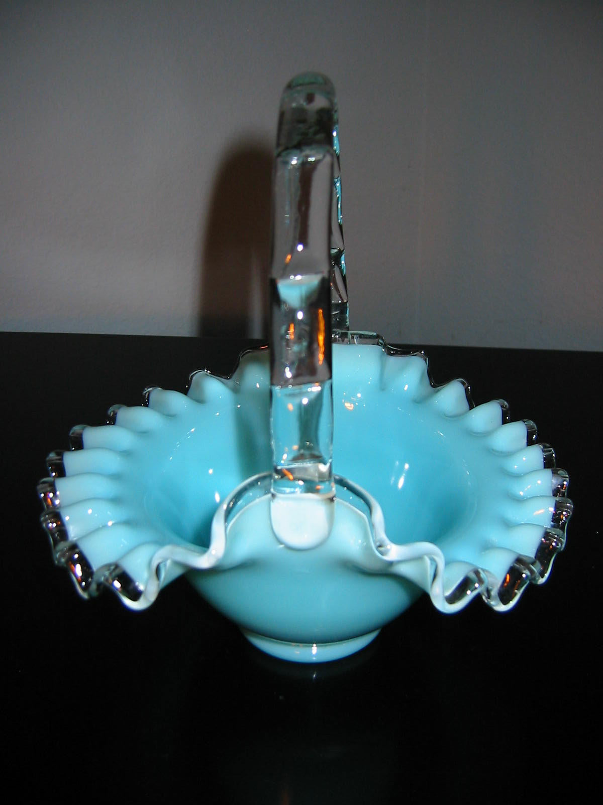 Fenton Glass Turquoise Blue Basket Silver Sheen Ruffled Edge Decorated Clear Handle - Designer Unique Finds 