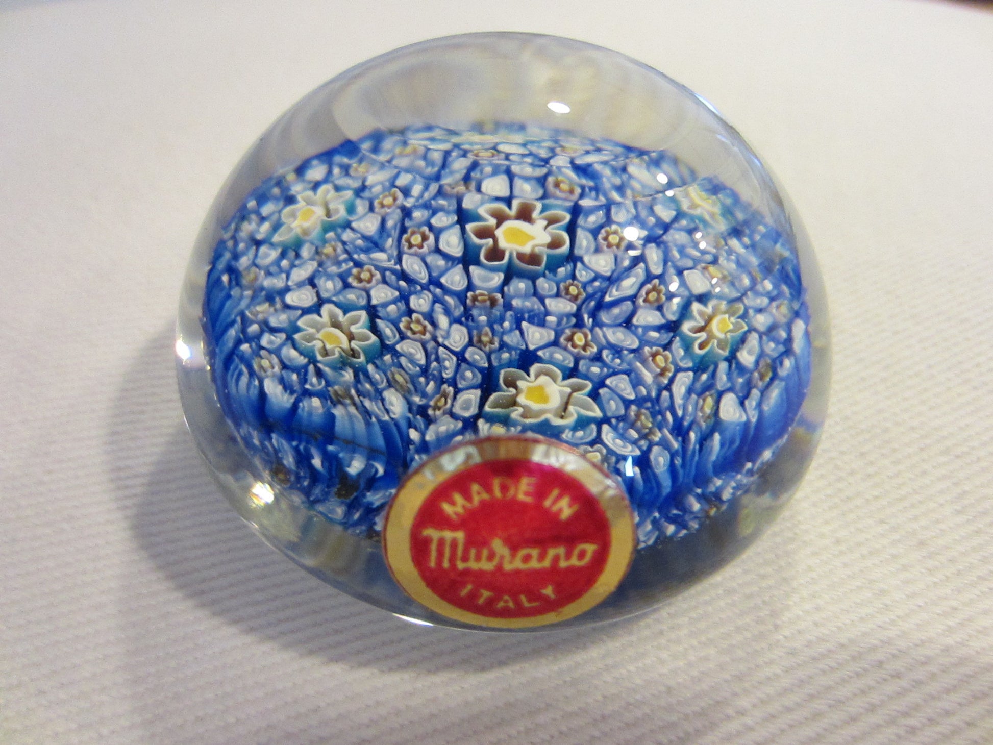 Murano Glass Paperweight Millefiori Blue Flowers - Designer Unique Finds 