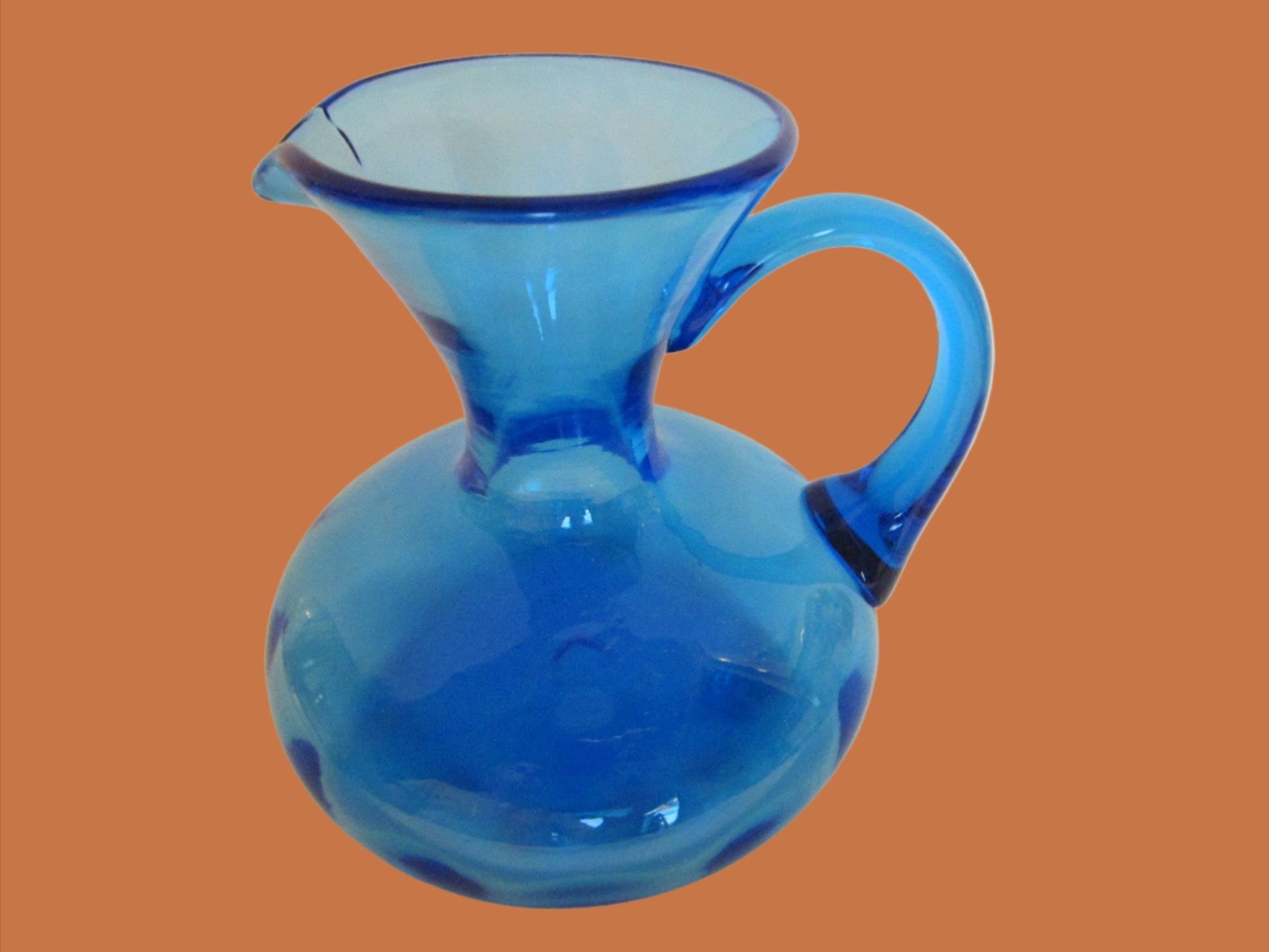 Blue Blown Glass Mid Century Cruet Jug Round Handle - Designer Unique Finds 
 - 3