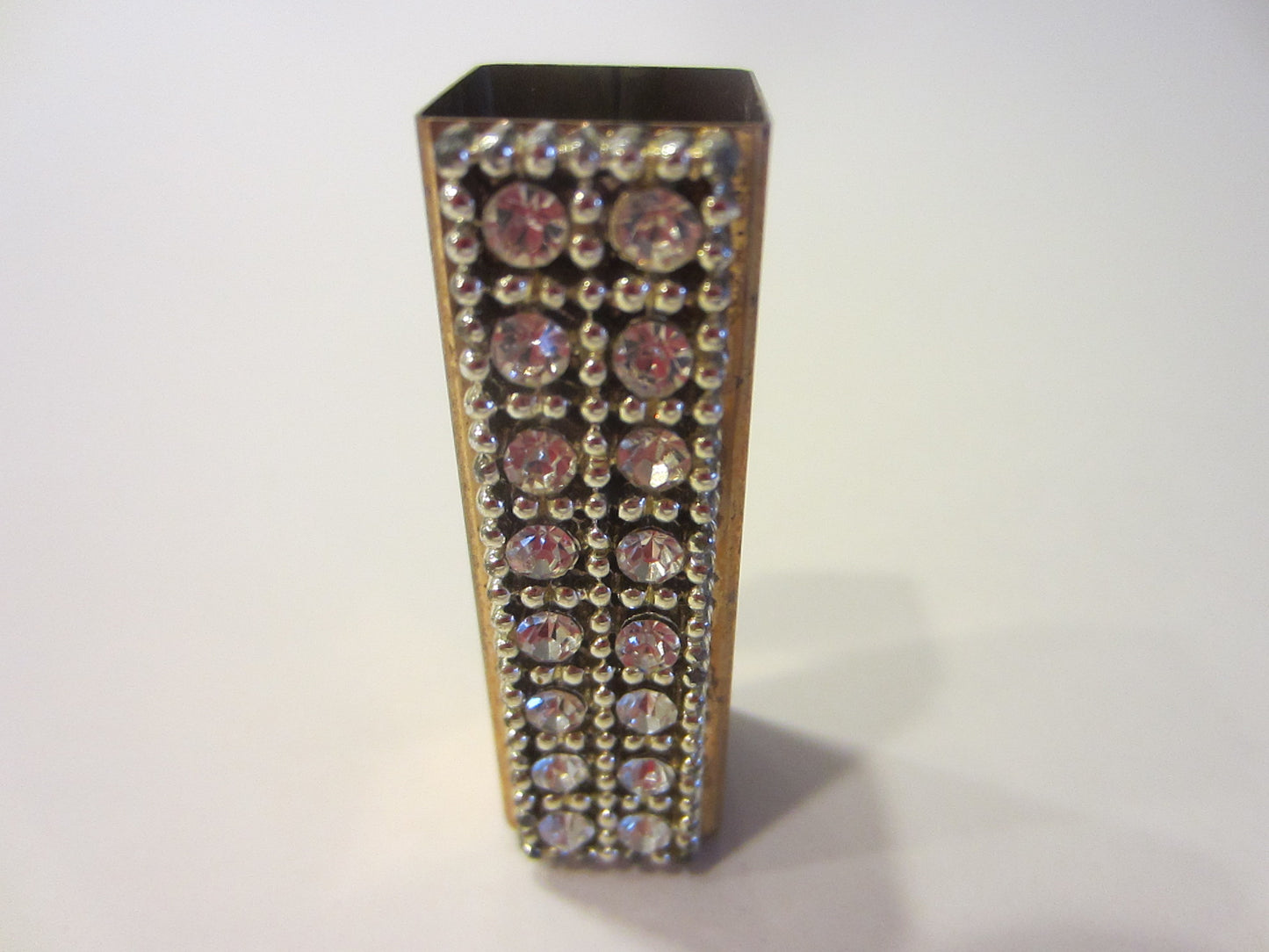 Mid Century Lipstick Cover White Crystals Over Brass - Designer Unique Finds 