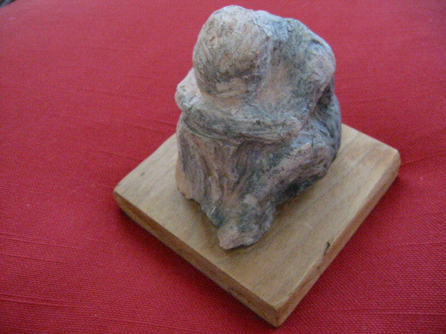 The Thinker Abstract Folk Art Terracotta Sculpture On Natural Wood - Designer Unique Finds 