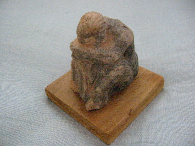 The Thinker Abstract Folk Art Terracotta Sculpture On Natural Wood - Designer Unique Finds 