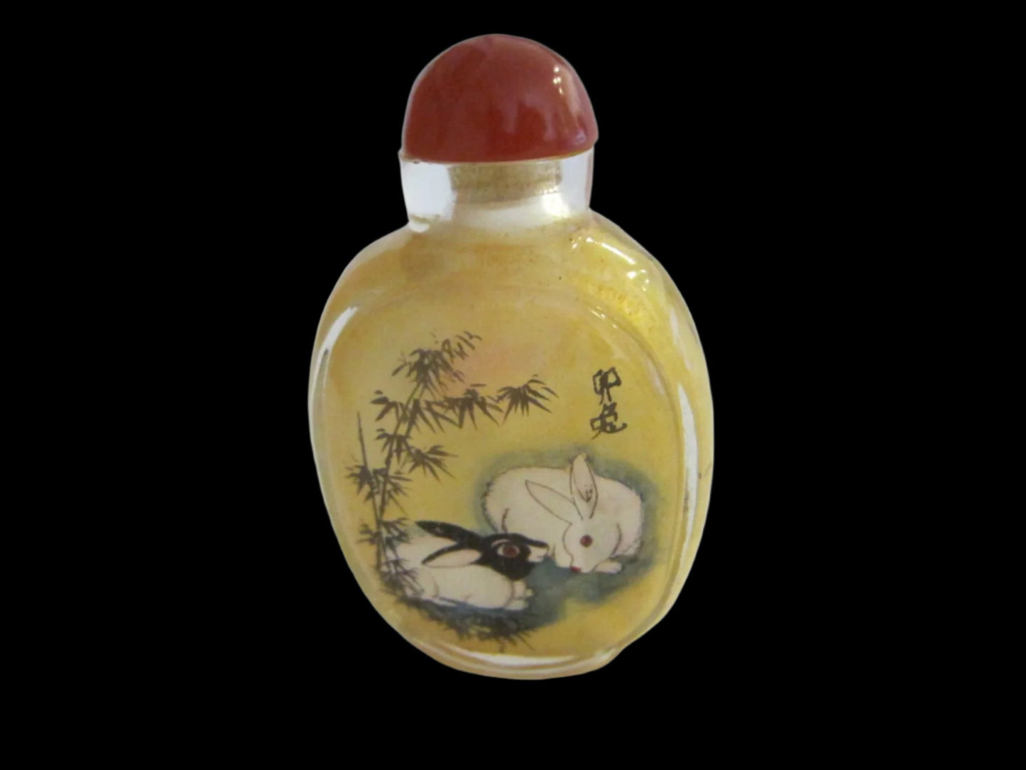 Interior Painted Glass Snuff Bottle Figures And Rabbits With Signature - Designer Unique Finds 