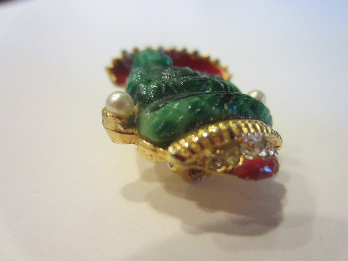 Green Buddha Jade Golden Brooch Red Umbrella Sparkle Crystals Pearls - Designer Unique Finds 