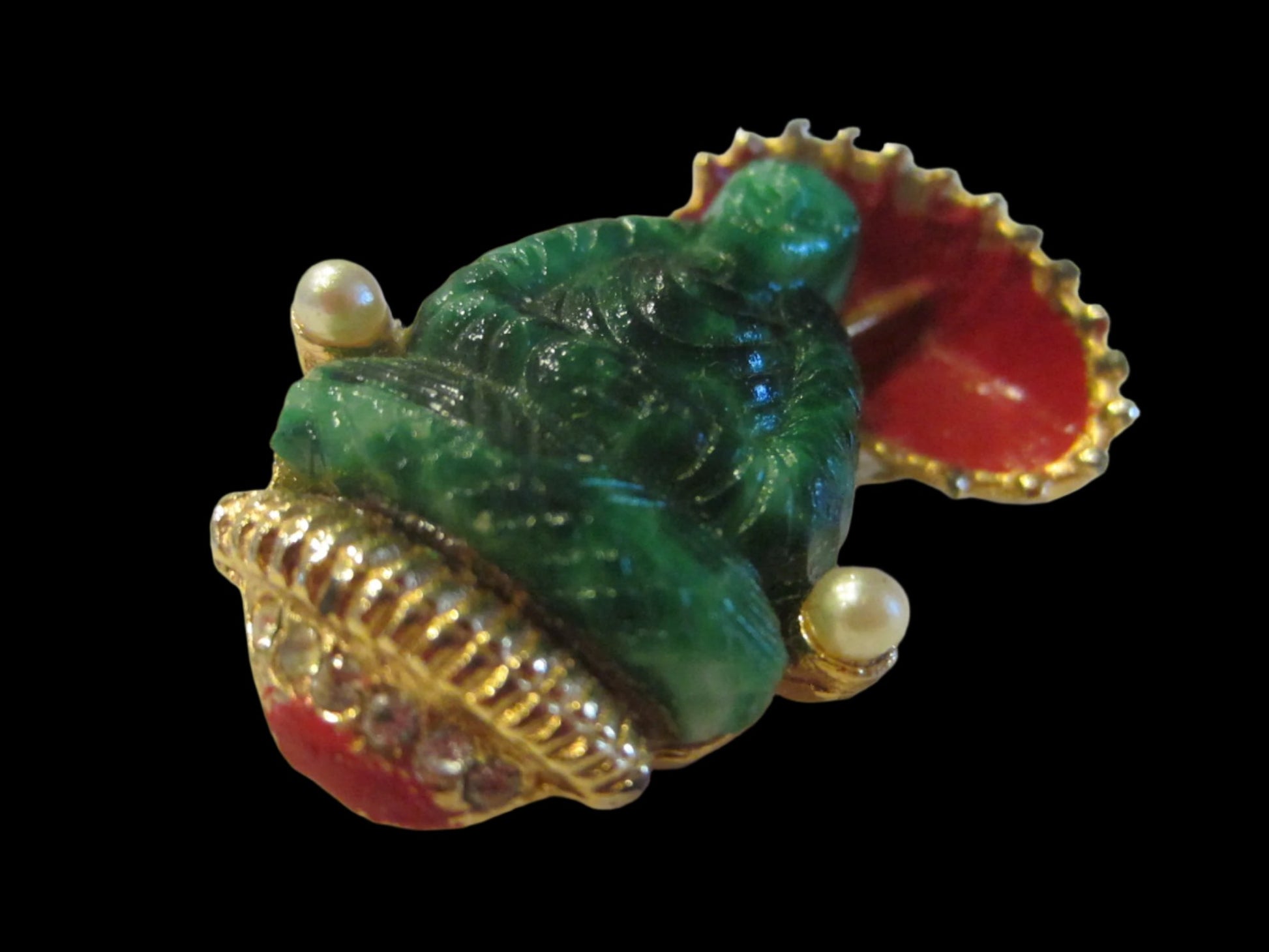 Green Buddha Jade Golden Brooch Red Umbrella Sparkle Crystals Pearls - Designer Unique Finds 