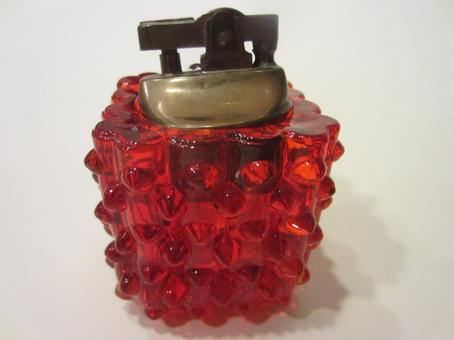 Authentic Fenton Handmade Hubnail Ruby Glass Japan Brass Lighter