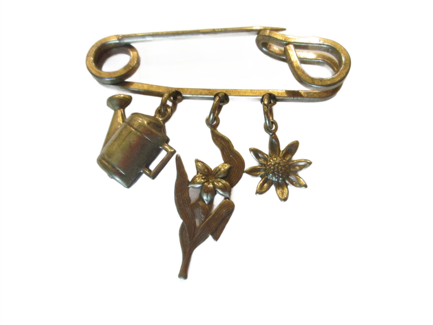 Vintage Safety Pin Gardening Charms Bar Brooch 