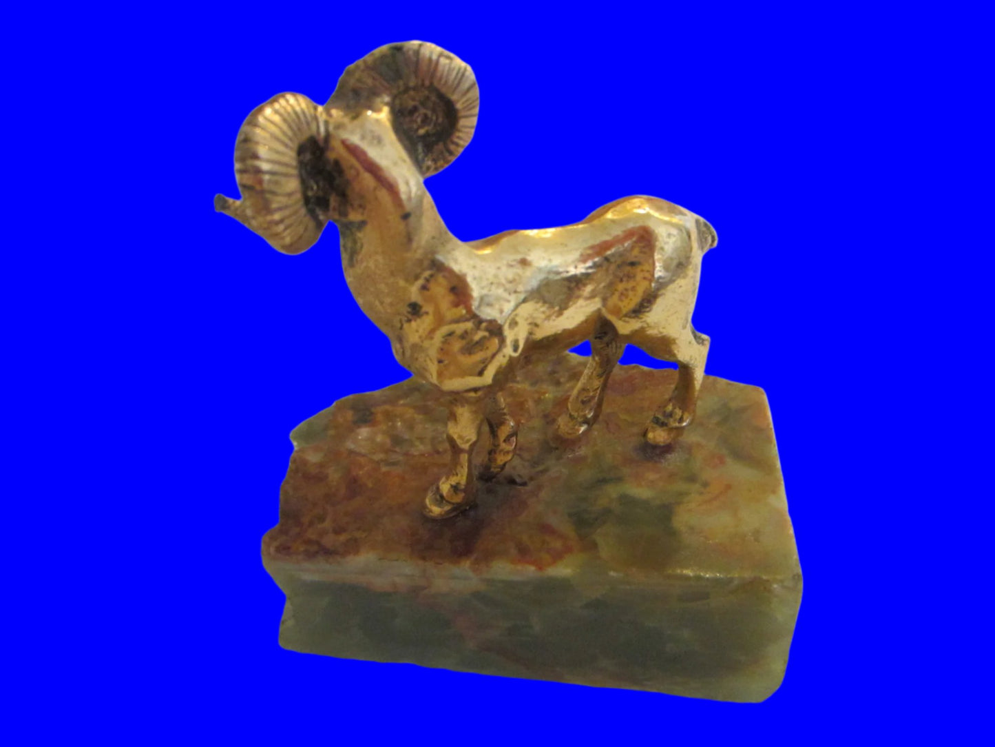 Bronze Ram Folk Art Sculpture Stone Stand