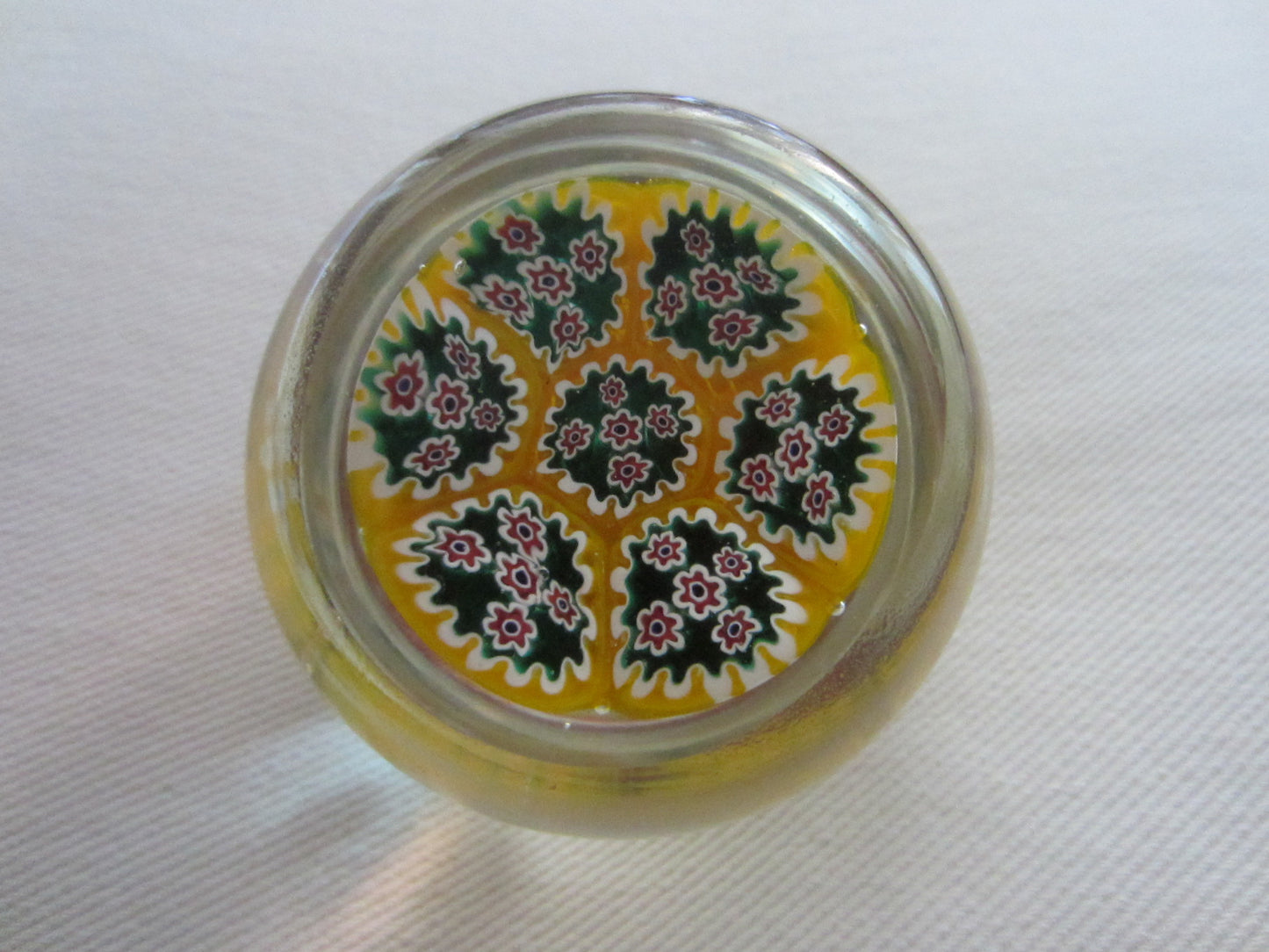 Millefiori Murano Italy Glass Paperweight Yellow Bed Blue Flowers - Designer Unique Finds 