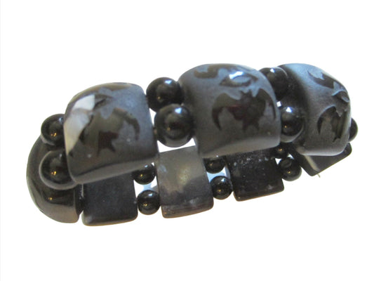 Black Onyx Bracelet Carving Bats Flexible Primitive Beads - Designer Unique Finds 