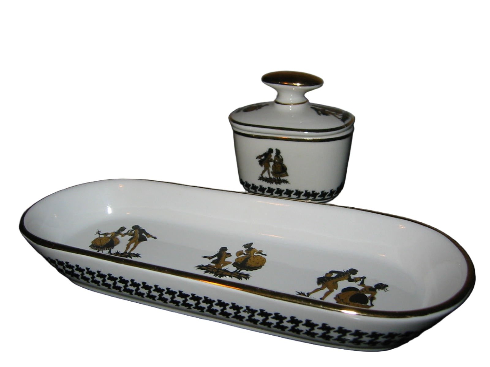 Bavaria Germany Black Gold Dancers Porcelain Oblong Tray Inkwell - Designer Unique Finds 
 - 1