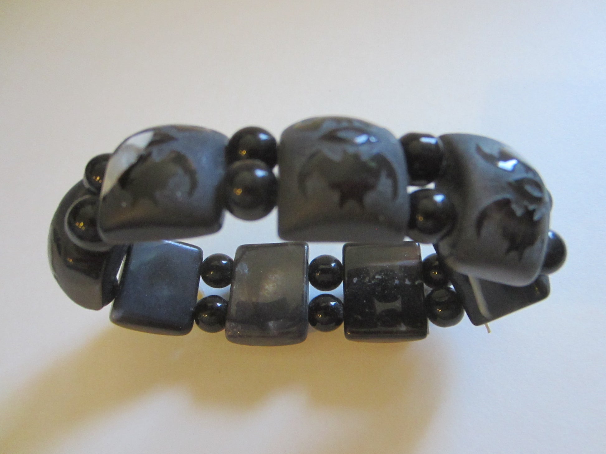 Black Onyx Bracelet Carving Bats Flexible Primitive Beads - Designer Unique Finds 