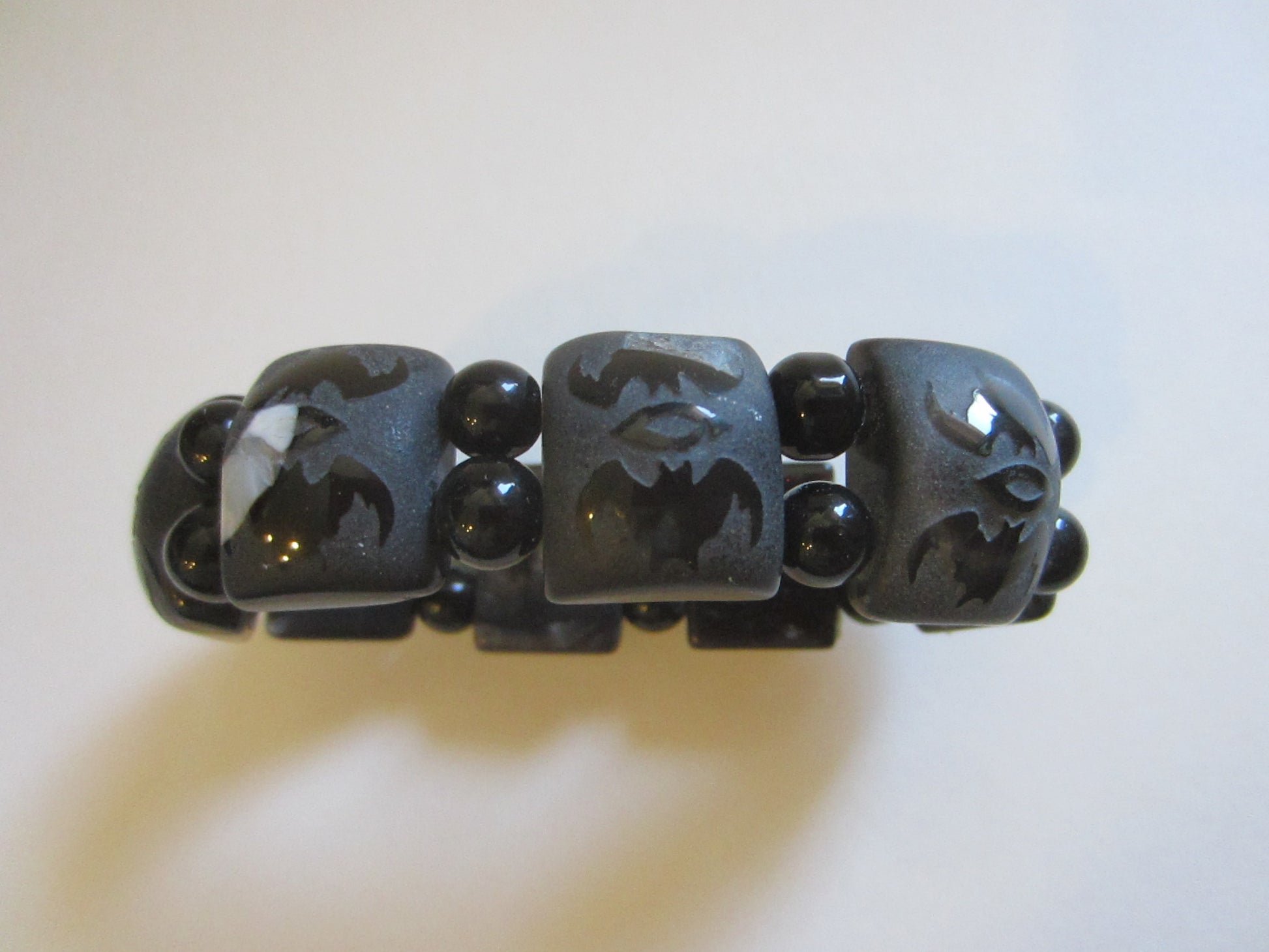 Black Onyx Bracelet Carving Bats Flexible Primitive Beads - Designer Unique Finds 