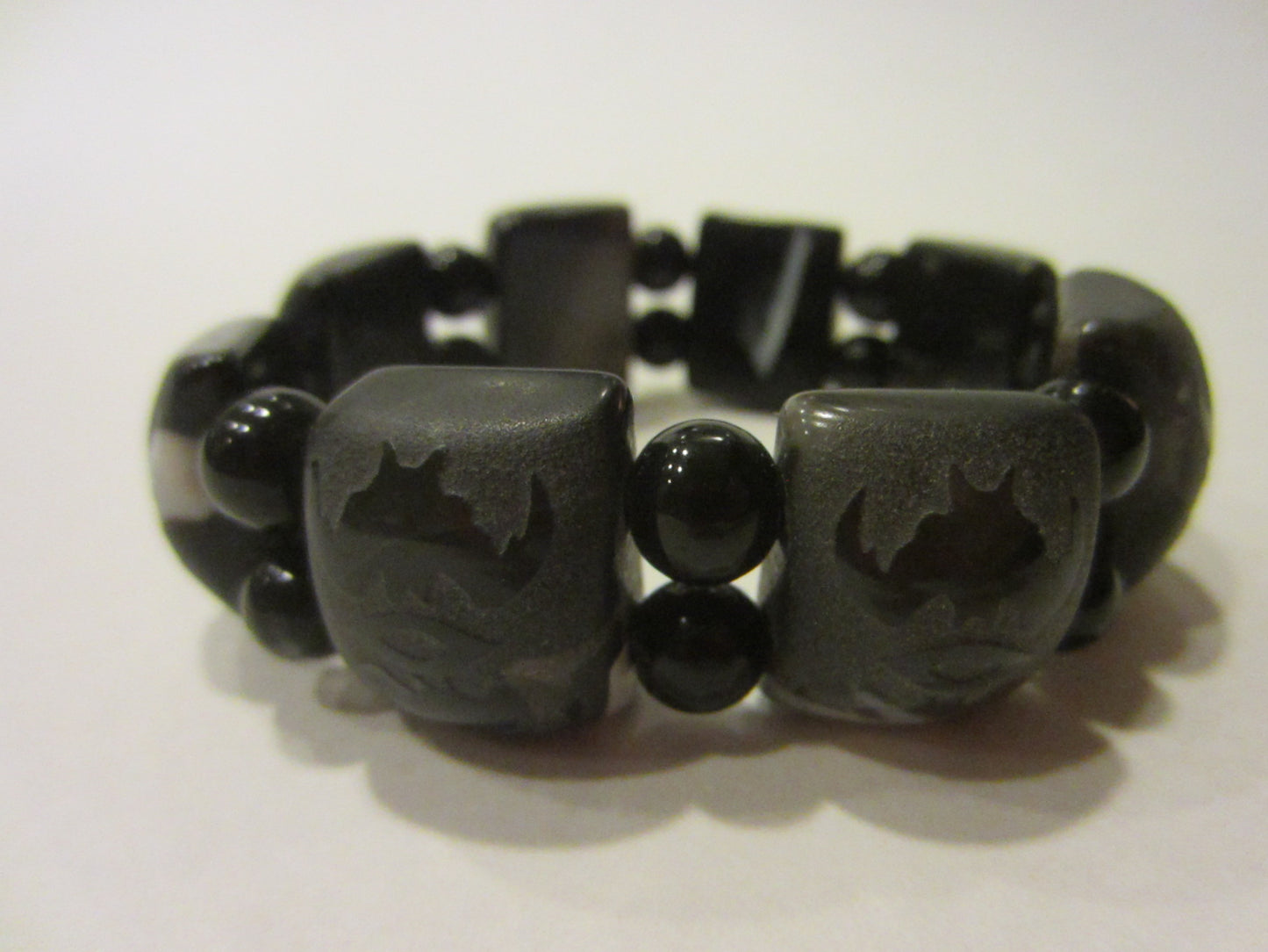 Black Onyx Bracelet Carving Bats Flexible Primitive Beads - Designer Unique Finds 