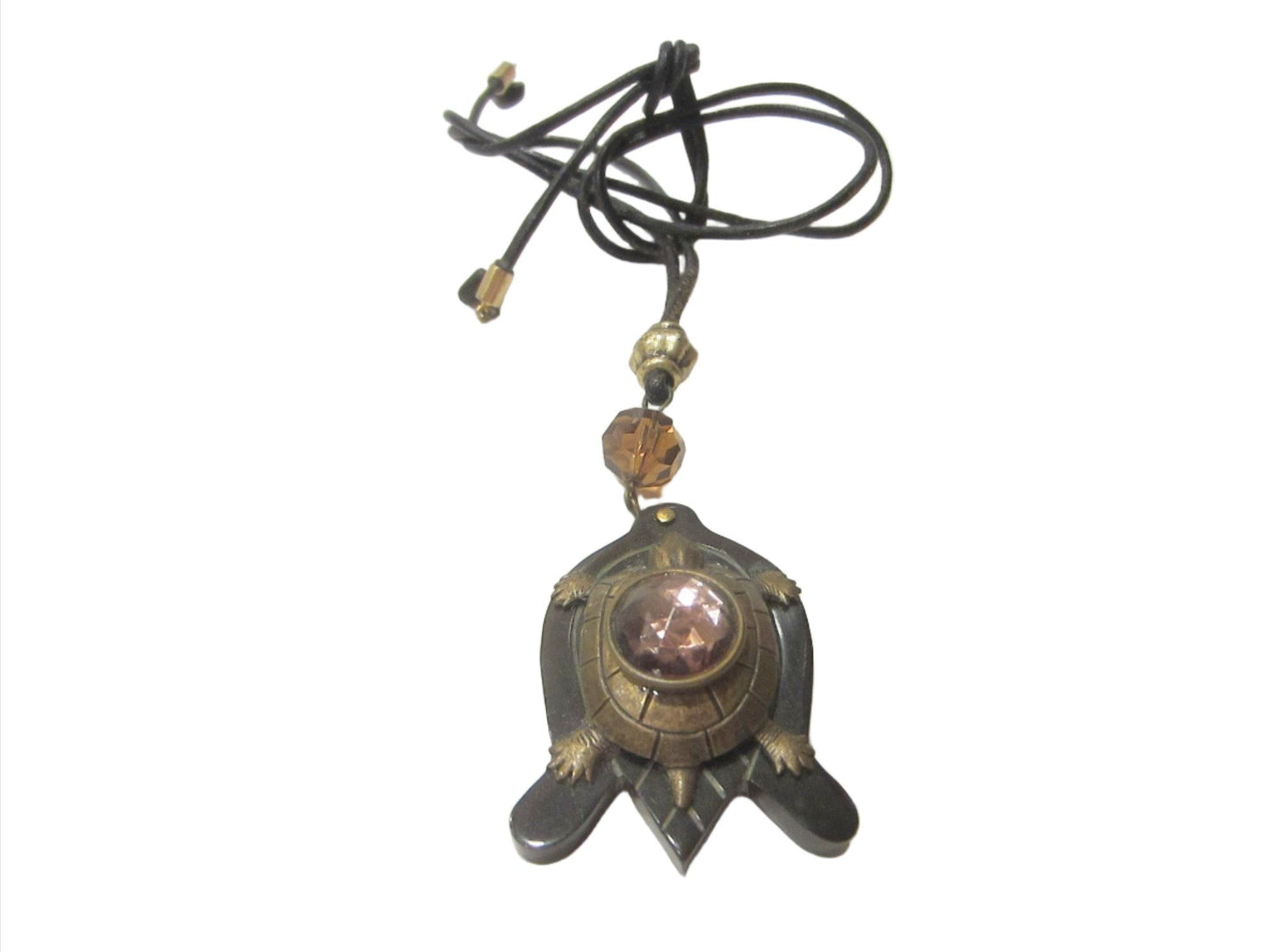 Brass Lacquer Turtle Pendant Deco Crystal Pink Cabochon - Designer Unique Finds 