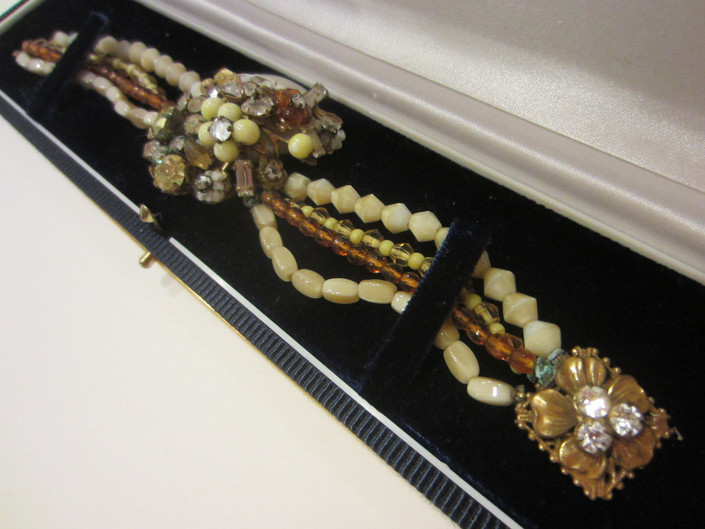 Miriam Haskell Bracelet Multi Strands Beads Jeweled Shell Medallion Clasp