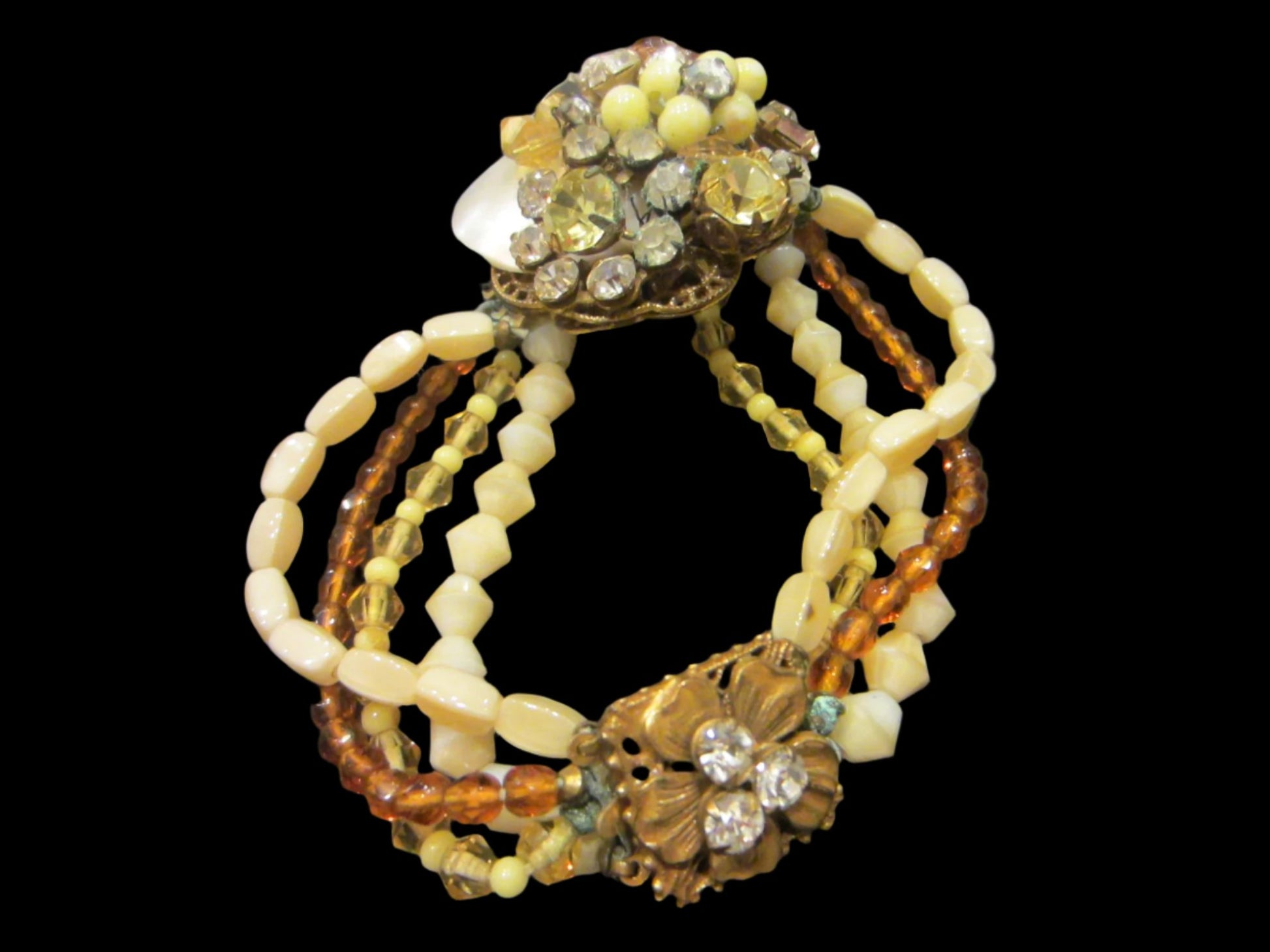 Miriam Haskell Bracelet Multi Strands Beads Jeweled Shell Medallion Clasp - Designer Unique Finds 