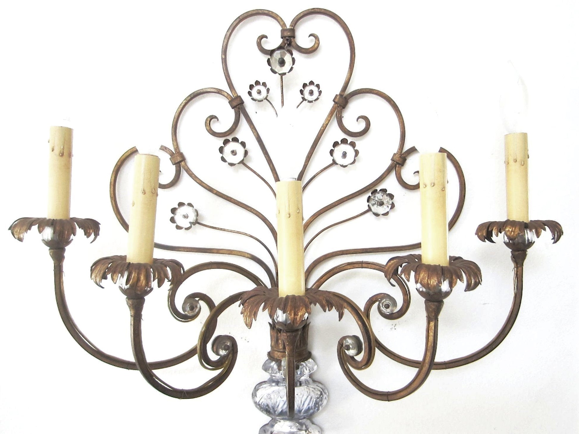 Italian Tole Lighting Fixture Wall Sconce Glass Vase Bloom Flower Scrolled  - Designer Unique Finds 