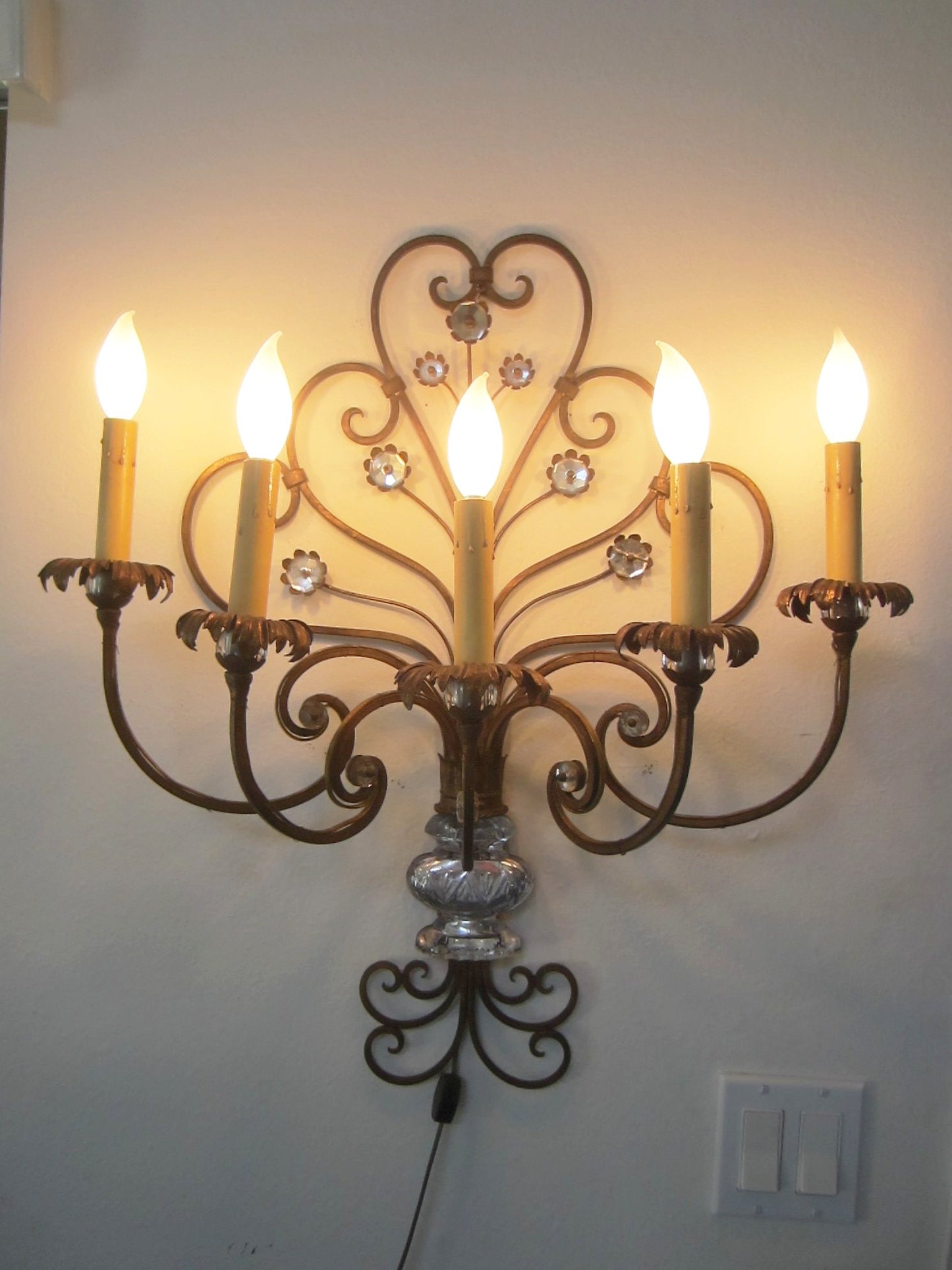 Italian Tole Wall Sconce Glass Vase Bloom Flower Medallions Scrolled Five Lights Branches - Designer Unique Finds 