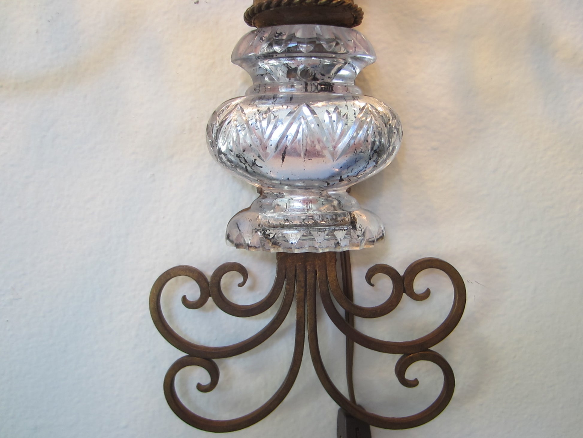 Italian Tole Wall Sconce Glass Vase Bloom Flower Medallions Scrolled Five Lights Branches - Designer Unique Finds 