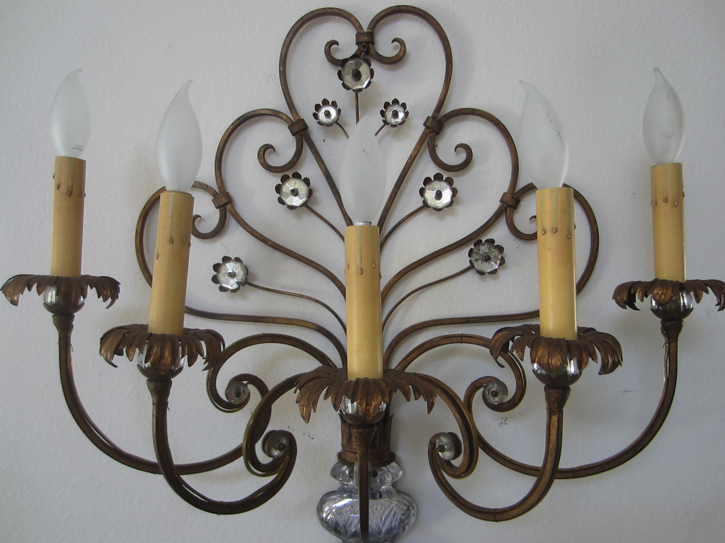 Italian Tole Wall Sconce Glass Vase Bloom Flower Medallions Scrolled Five Lights Branches - Designer Unique Finds 