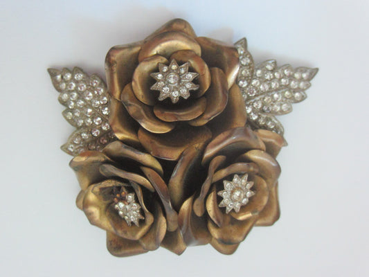 Mid Century Brass Roses Dress Clip Embellished Rhinestones