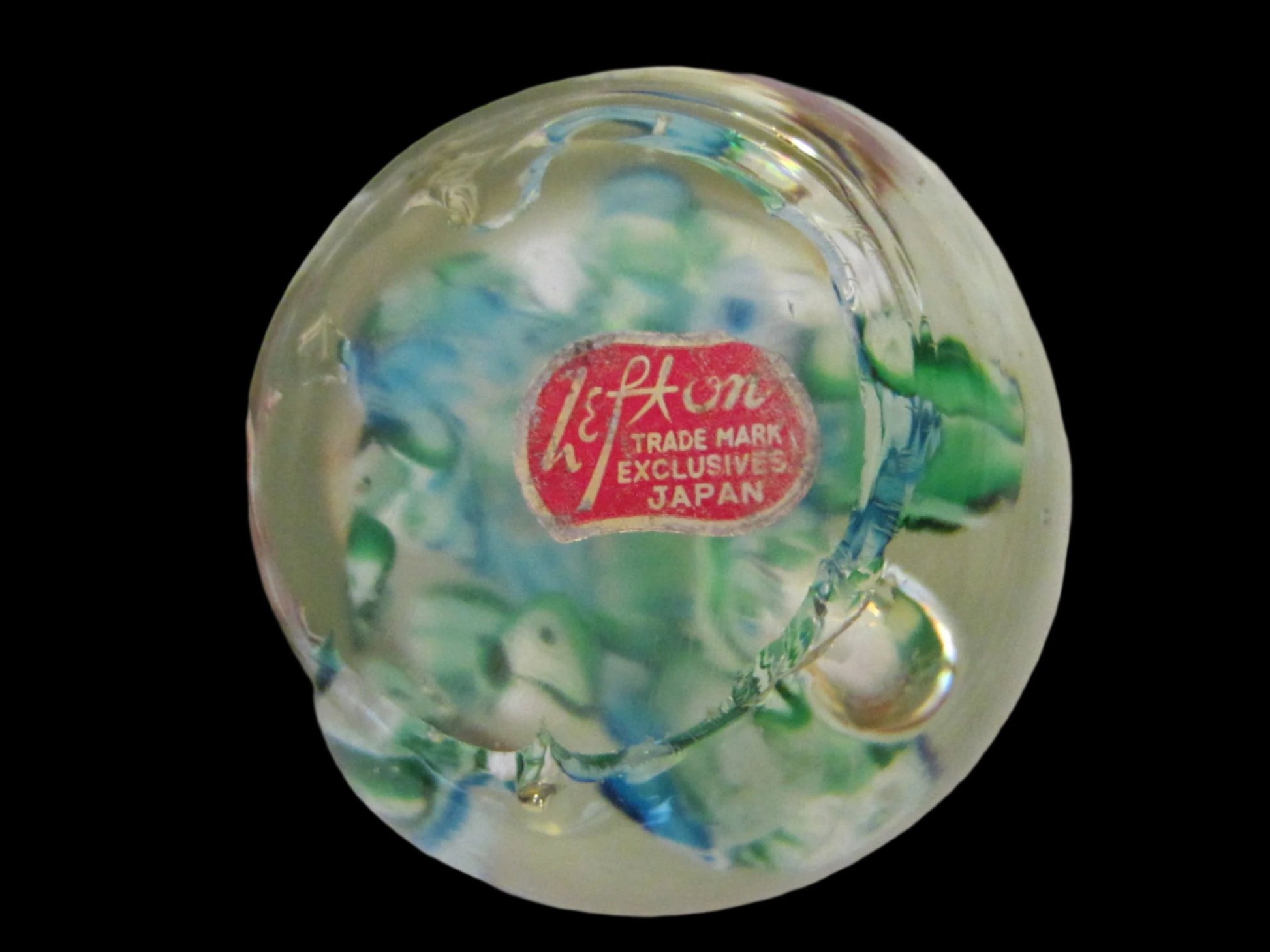 Exclusive Lefton Japan Millefiore Glass Paperweight Green Blue Flowers - Designer Unique Finds 