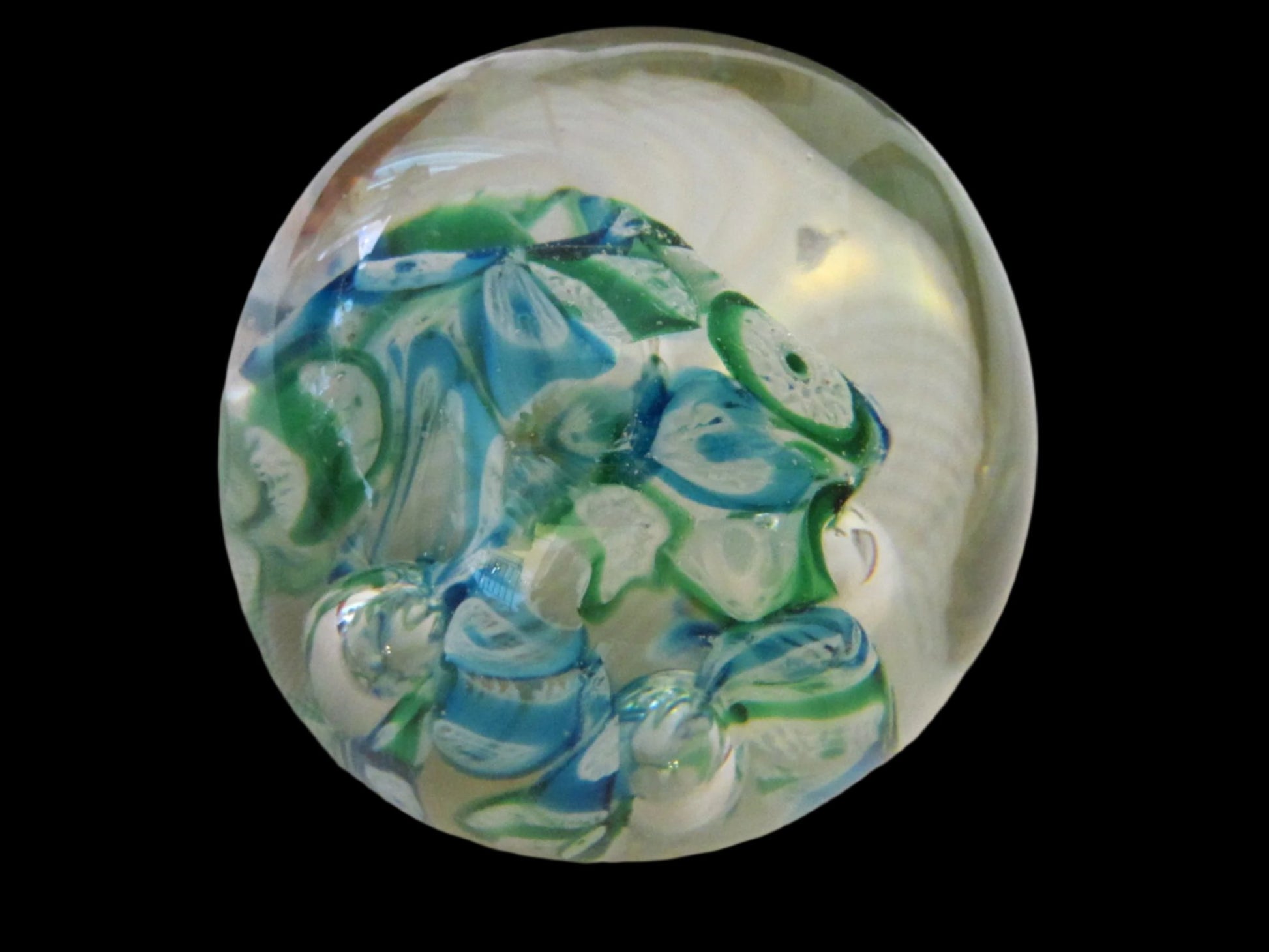 Exclusive Lefton Japan Millefiore Glass Paperweight Green Blue Flowers - Designer Unique Finds 