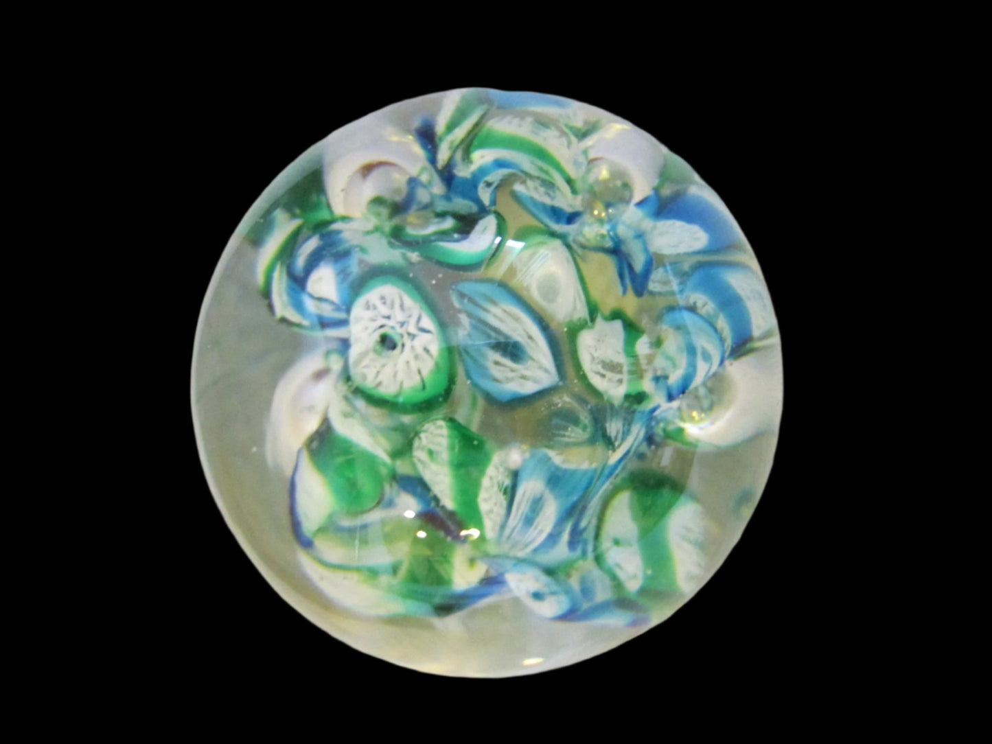 Exclusive Lefton Japan Millefiore Glass Paperweight Green Blue Flowers - Designer Unique Finds 