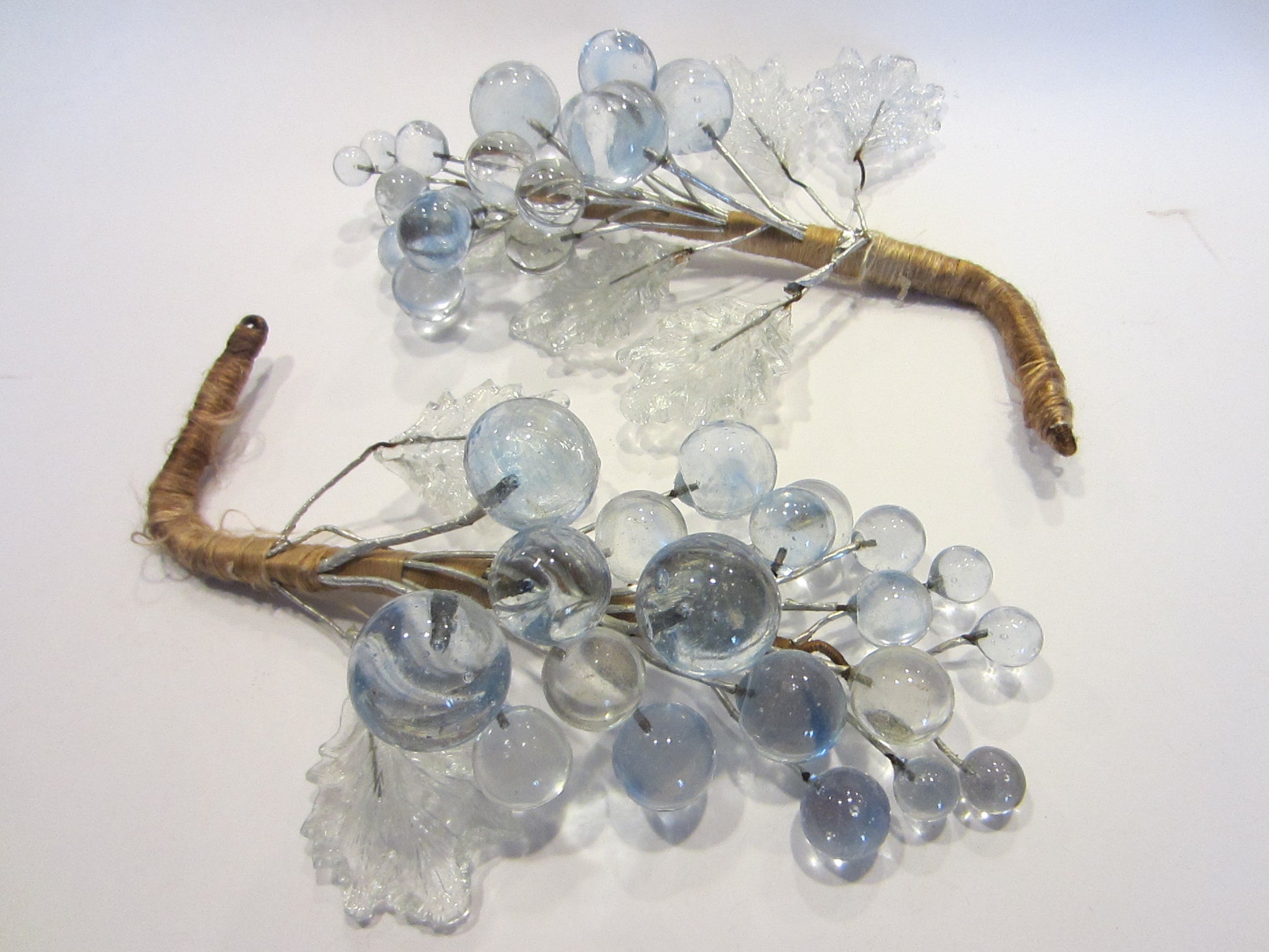 Folk Art Cluster Glass Grapes In Pair Hand Crafted Clear Leaves - Designer Unique Finds 
 - 4