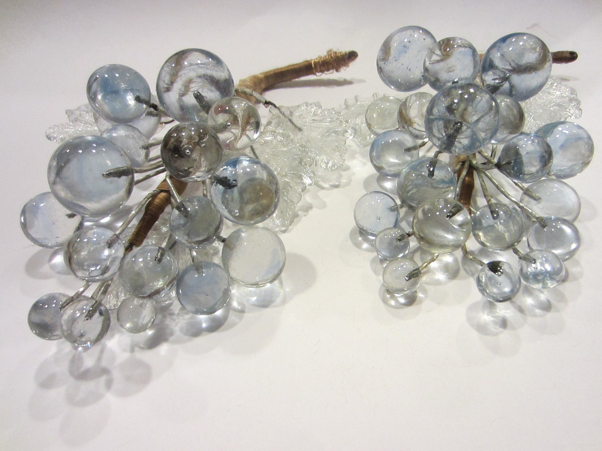 Folk Art Cluster Glass Grapes In Pair Hand Crafted Clear Leaves - Designer Unique Finds 
 - 1