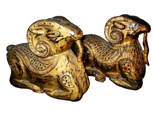 Oriental Golden Rams Bookends Colored Micro Mirrors Foo Dogs - Designer Unique Finds 