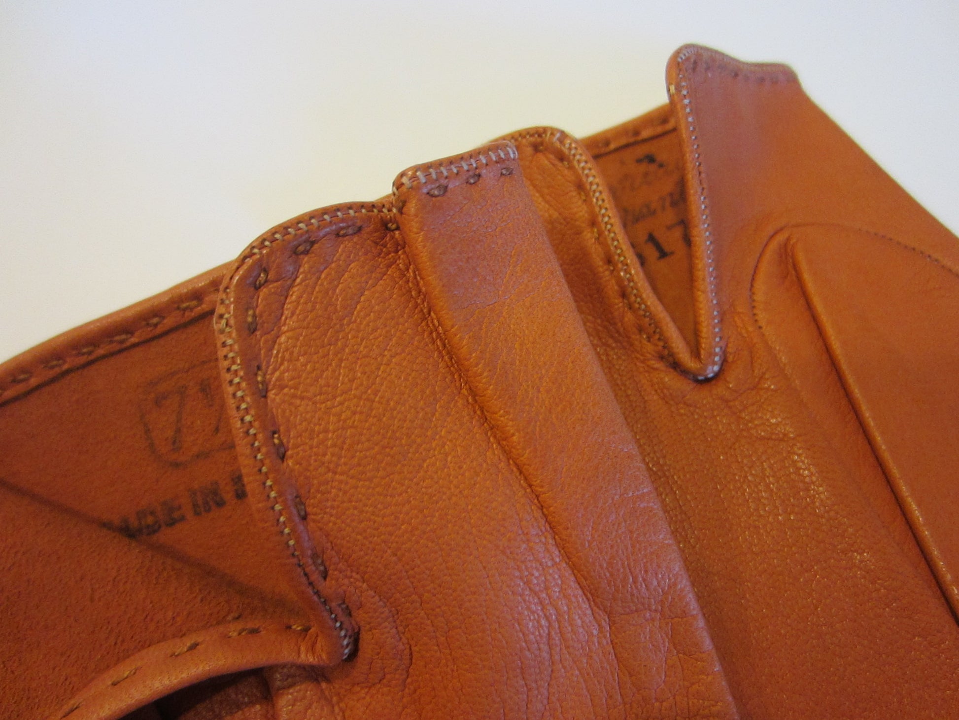 Bronze Tan Leather Gloves Made In France With Makers Mark Number - Designer Unique Finds 