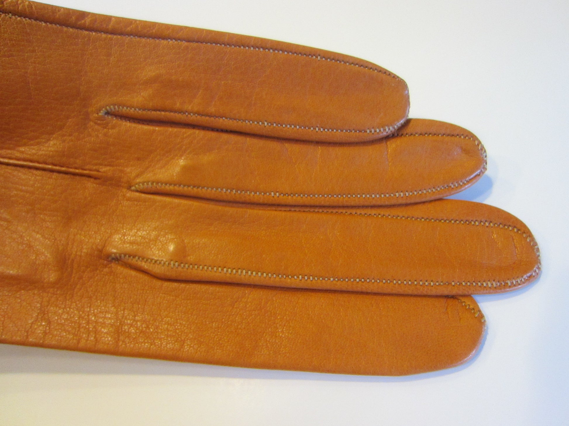 Bronze Tan Leather Gloves Made In France With Makers Mark Number - Designer Unique Finds 