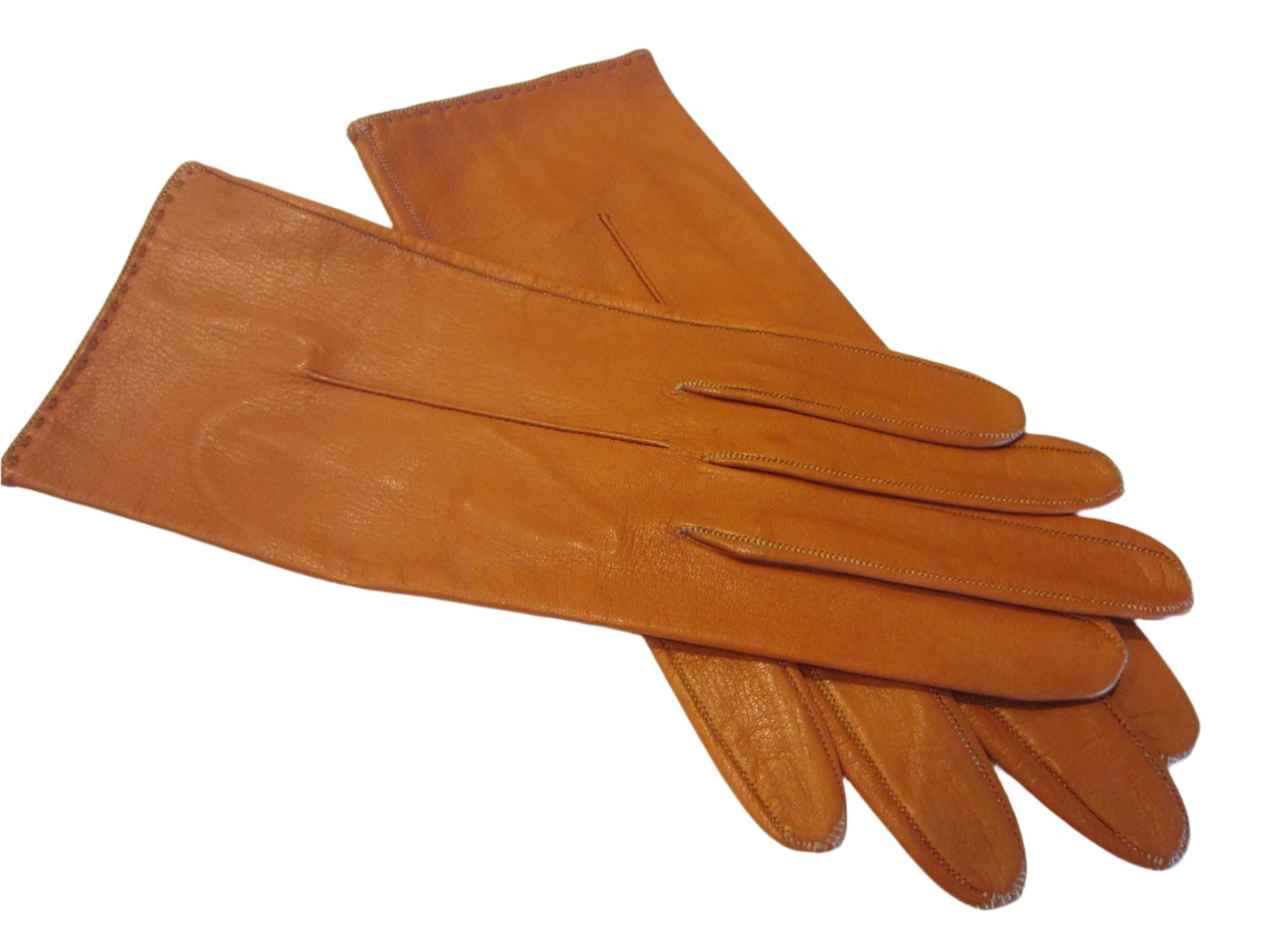 Bronze Tan Leather Gloves Made In France With Makers Mark Number - Designer Unique Finds 