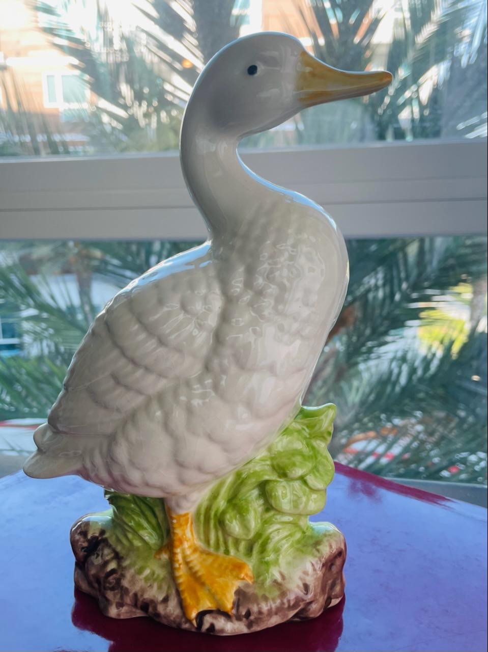 Hand Colored White Ceramic Goose Sculpture 