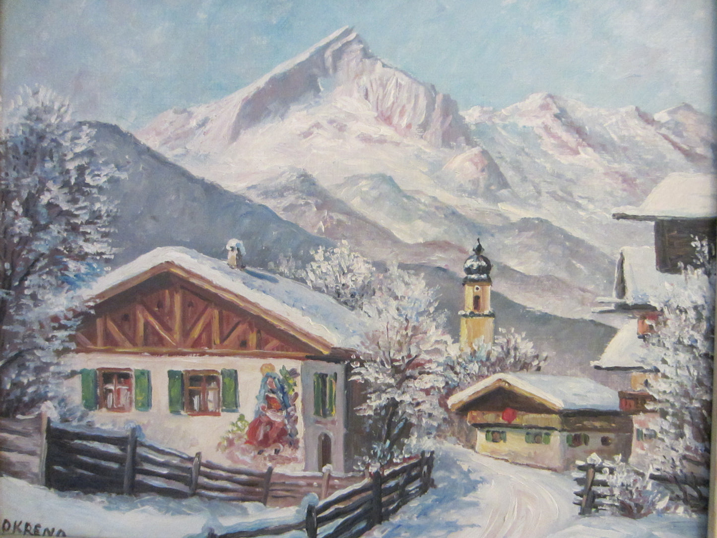 Okreno Winter Scene Swiss Alps Signed Painting - Designer Unique Finds 