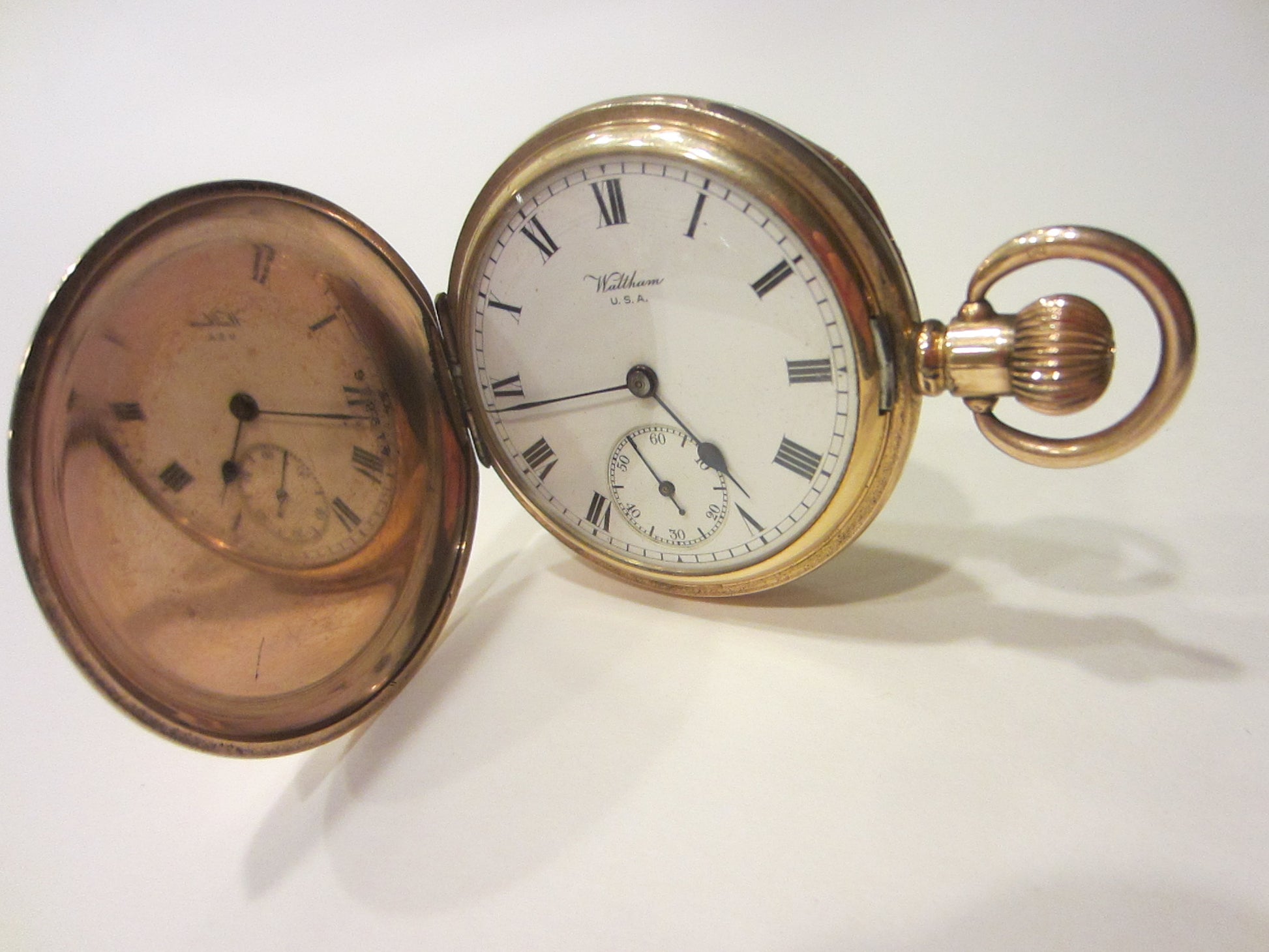 Waltham Hunter Pocket Watch Gold Marquis Triple Case Moon Face - Designer Unique Finds 