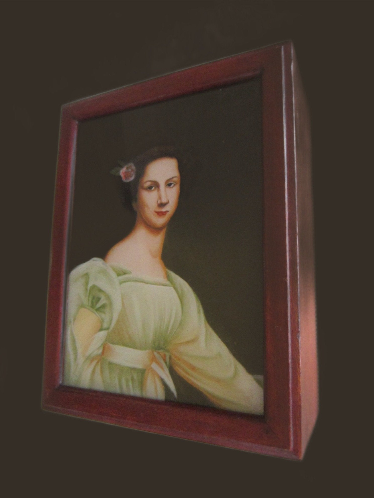 Victorian Style Portrait Reverse Glass Painting Mahogany Jewelry Box - Designer Unique Finds 