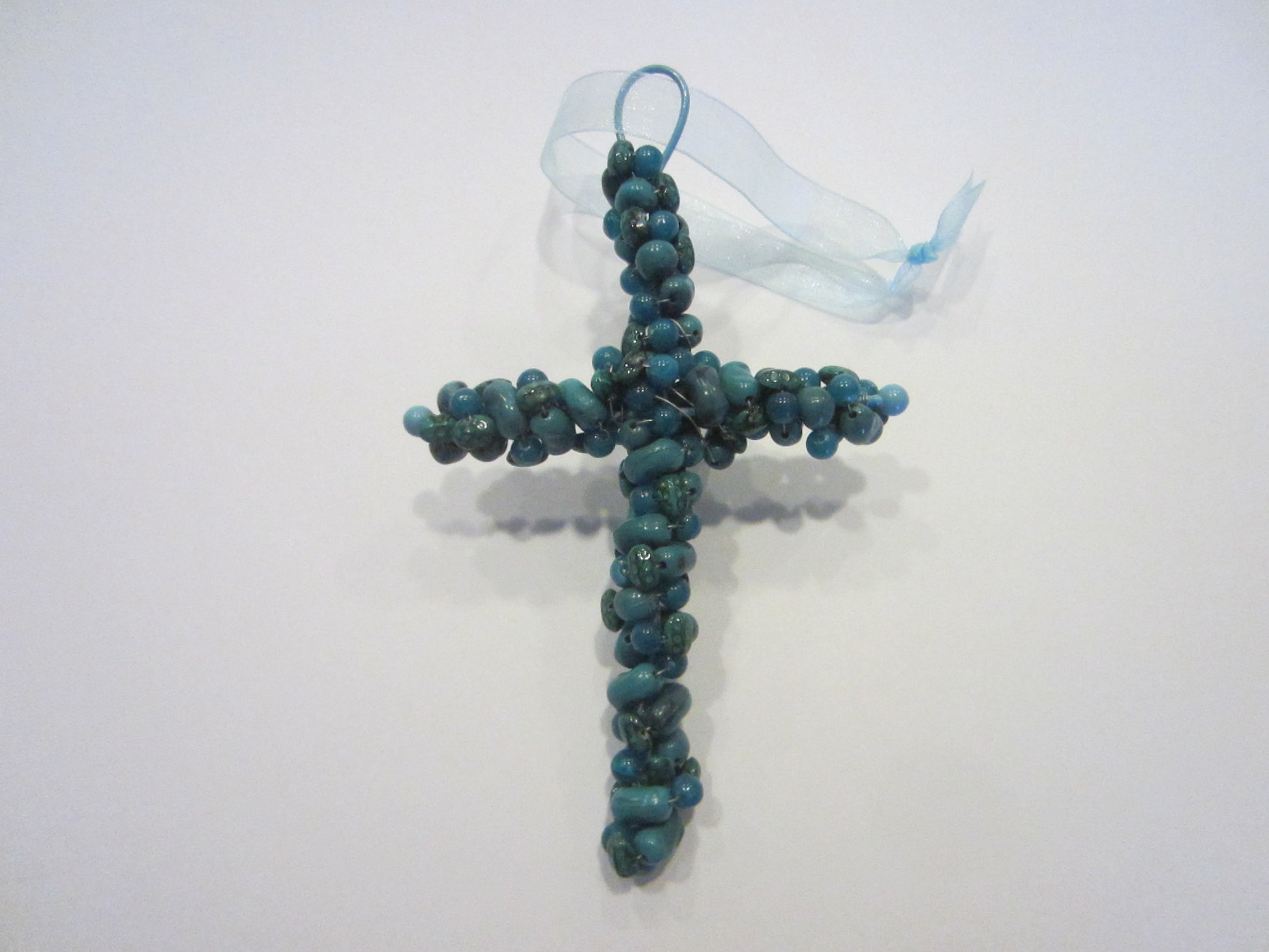 Cross Ornament Blue Hue Folk Art Stone Beaded Pendant Pewter Charm - Designer Unique Finds 