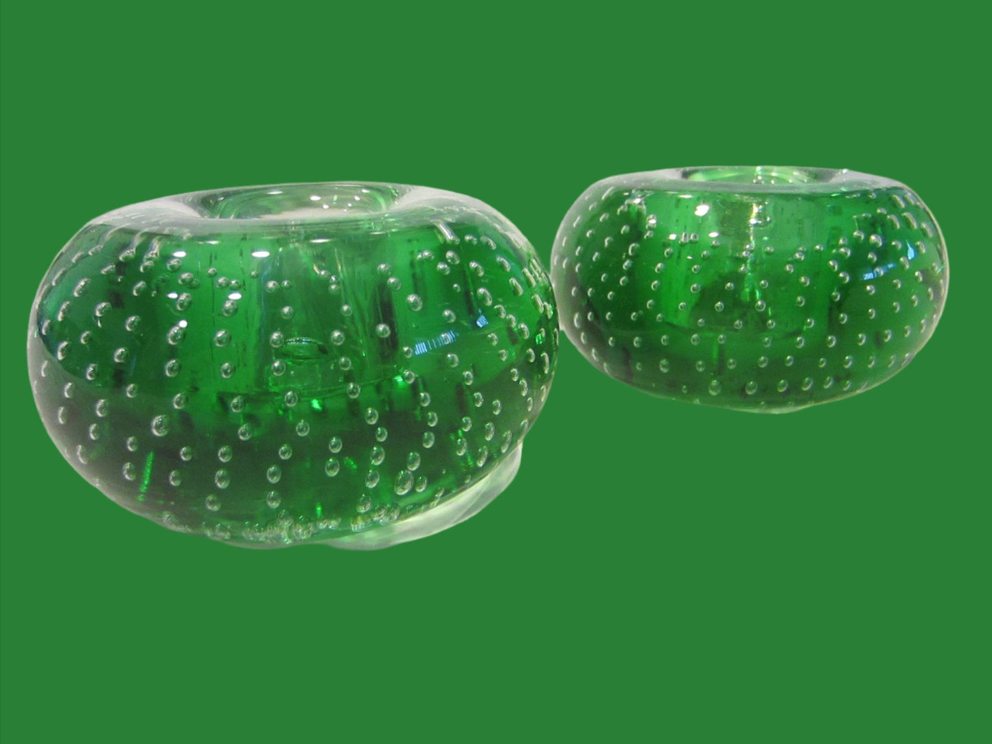 Murano Controlled Bubbles Green Glass Candle Holders - Designer Unique Finds 