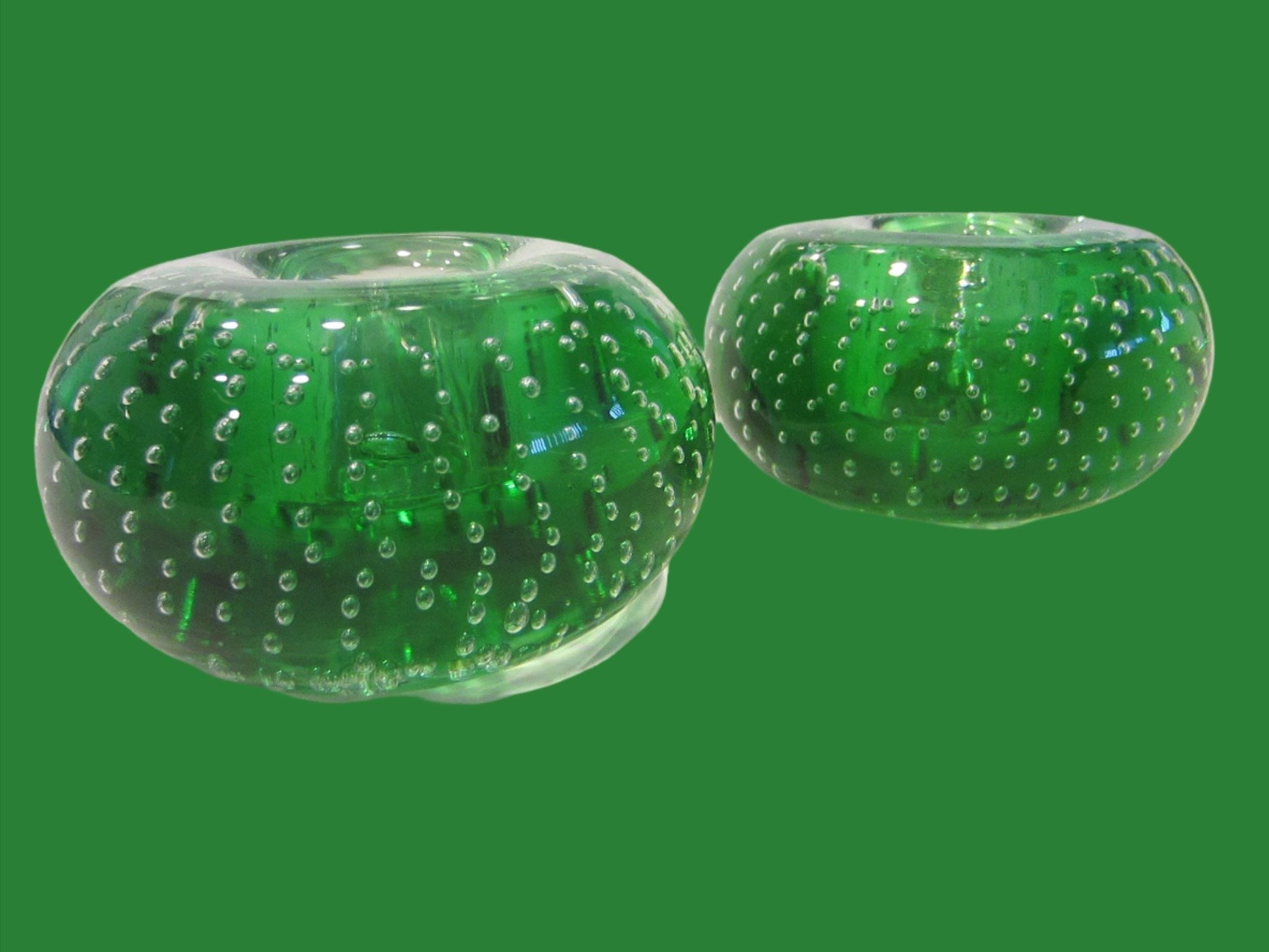 Murano Controlled Bubbles Green Glass Candle Holders - Designer Unique Finds 