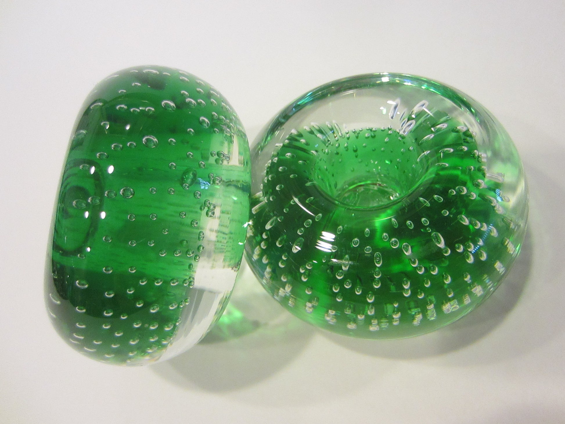 Murano Controlled Bubbles Green Glass Candle Holders - Designer Unique Finds 