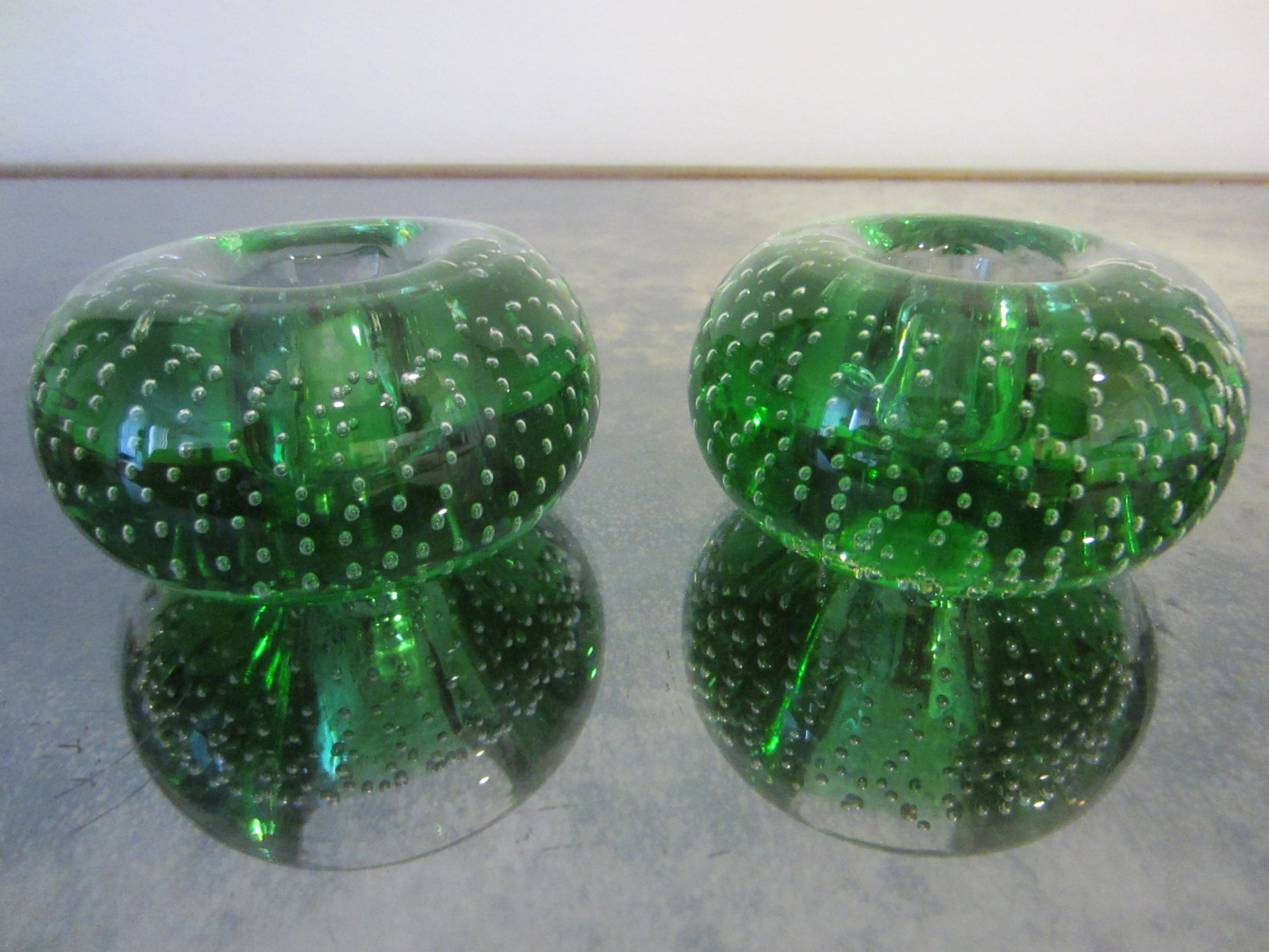 Murano Controlled Bubbles Green Glass Candle Holders - Designer Unique Finds 