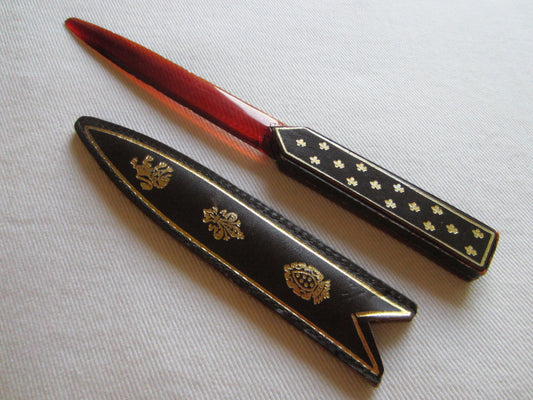 Italian Leather Handle Celluloid letter Opener Emboss Lion Shield Cover - Designer Unique Finds 