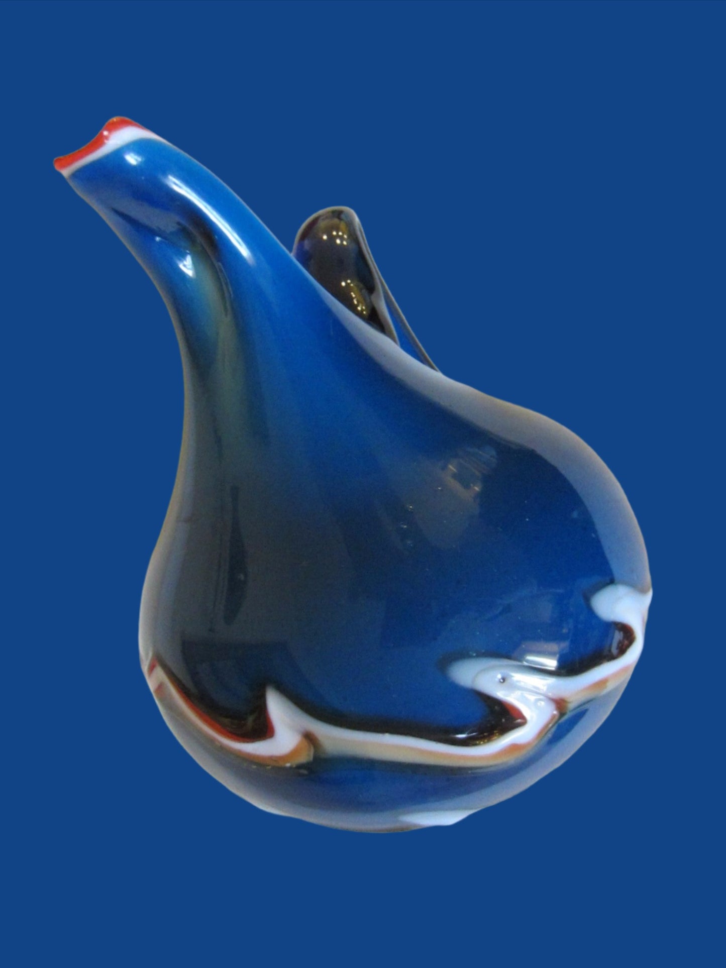 Folk art Blown Blue Glass White Wave Pitcher Orange Accent
