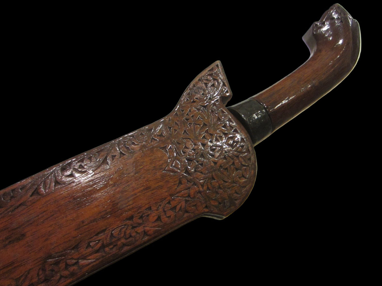 Mahogany Metal Tribal Sword Opener Hand Carved Floral Handle Wall Decor - Designer Unique Finds 